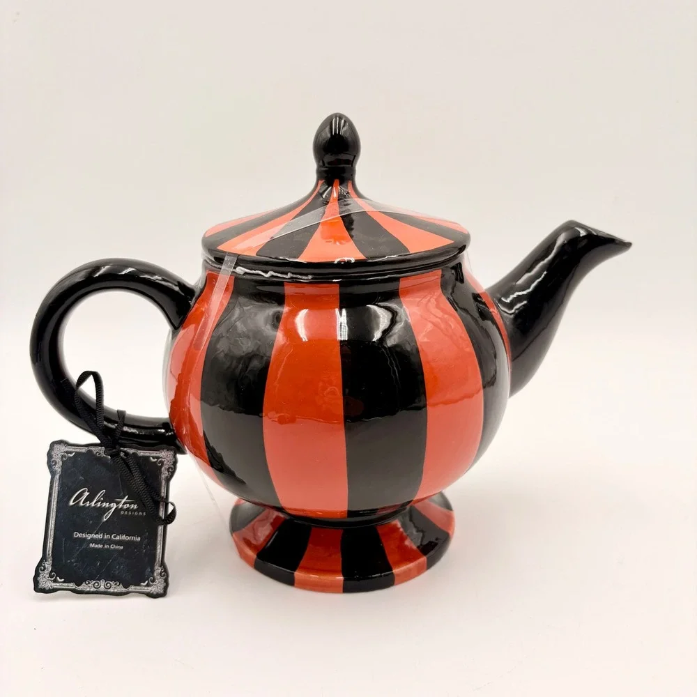 Arlington Design Well Dressed Home Orange Black Striped Ceramic Teapot Halloween